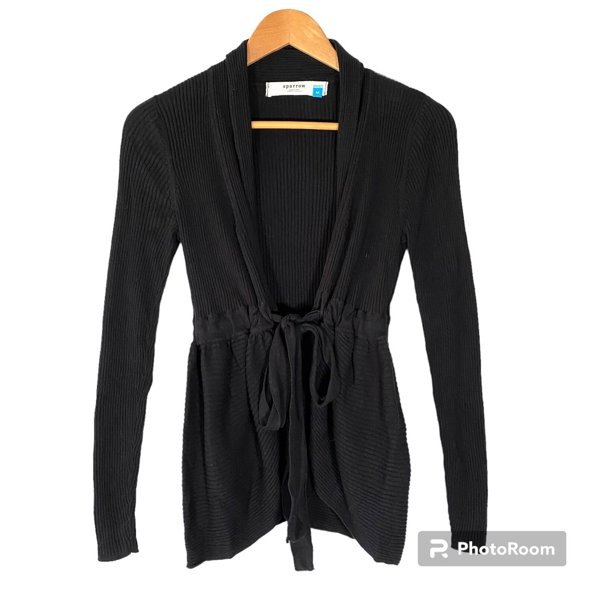 ANTHROPOLOGIE SPARROW Black Ribbed Knit Cardigan Tie Belt M