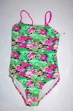 Girls ONE PIECE Swim Suit GREEN PINK BLACK Abstract Camo AZTEC Diamond L 10-12