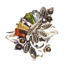  SIZE 6,7,8 MULTI STONES RING Amethyst Topaz Marcasite .925 STERLING SILVER