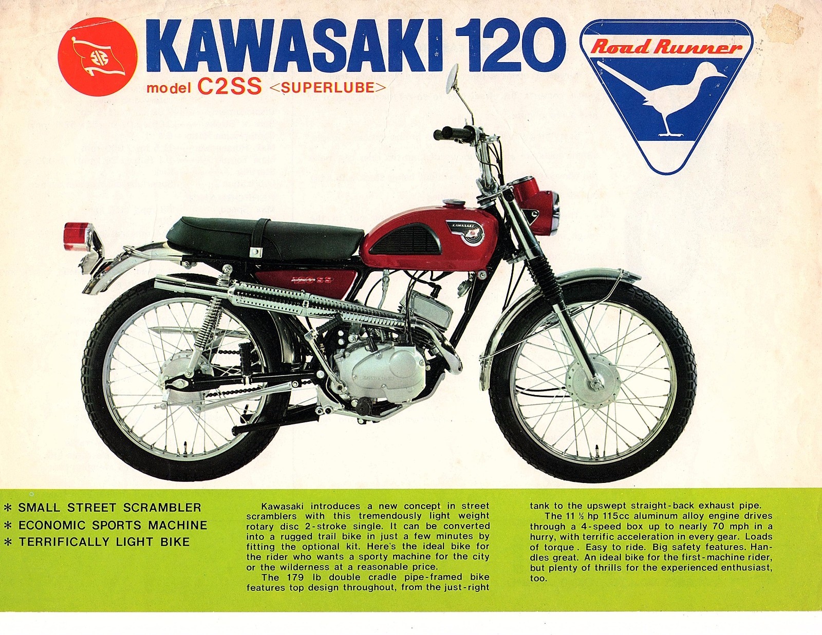 1968 Kawasaki 120 Road Runner C2SS motorcycle sales brochure, (Reprint