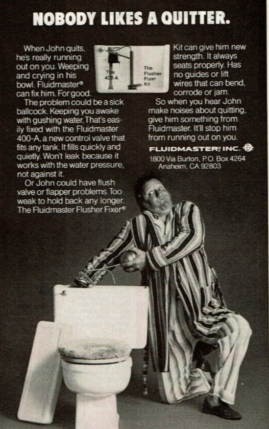 1977 Vintage Print Ad Nobody Likes a Quitter Fluidmaster 400-A new control valve