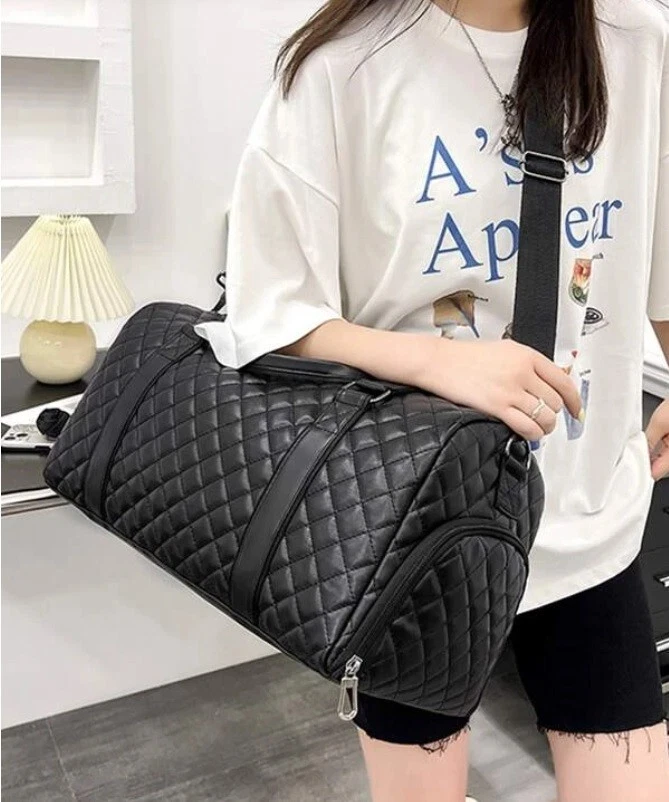 Quilted Large Capacity Duffle Black Faux Leather Double Handle Bag Women Travel - Image 2 of 4