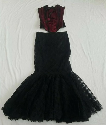 Women's Diva Catwalk Corset Red & Fishtail Maxi Lace Skirt Black Set Gothic Med - Picture 6 of 12