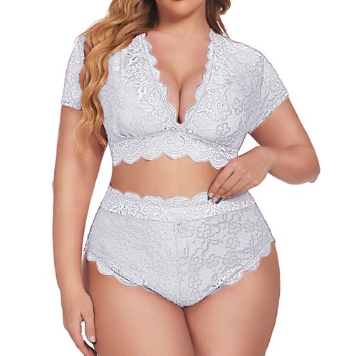 Lencería sexy talla grande cuello en V cintura alta floral encaje cruzado y pantillas - Imagen 40 de 42