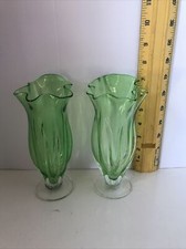 Lot Of 2,  7 inch green hand blown vases