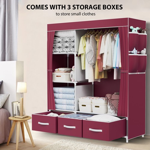 Large Canvas Wardrobe Closet Cabinet W/ Hanging Rail + 3 Storage Drawer Cupboard - Picture 3 of 14