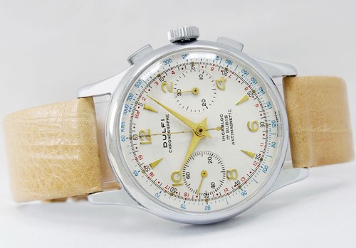 Vintage Dulfi Choronograph Incabloc 17 Rubine Original White Dial Steel Watch - Bild 2 von 10