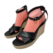 Coach Womens 11 Kaelyn Black  Raffia Platform Wedge Sandals Ankle Strap New