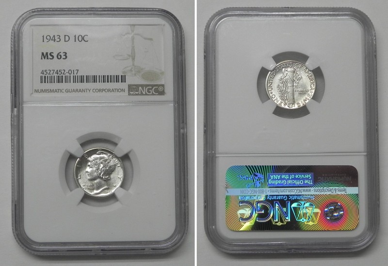1943-D Mercury Dime 10c, NGC MS63 #2017
