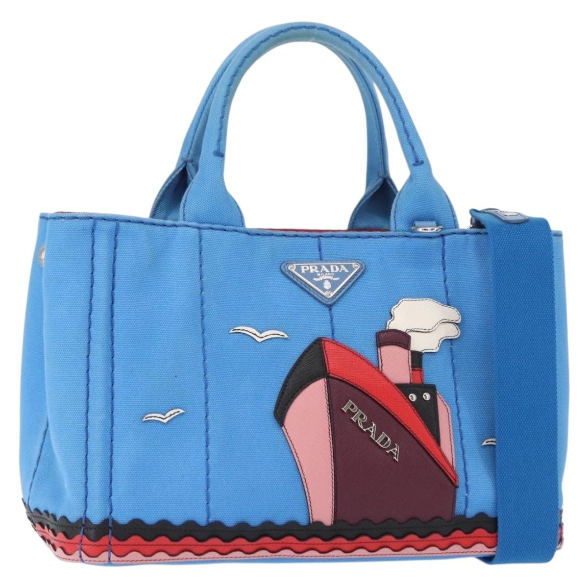 PRADA Canapa PM Hand Bag Canvas 2way Blue Silver Auth 152636 | eBay