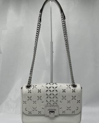 Michael Kors COA Tina Medium Studded Flap Optic White Shoulder Bag  Real Leather