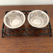 Small Dog Cat Elevated Black Metal Pet Food Water Stand Stainless Steel Bowls