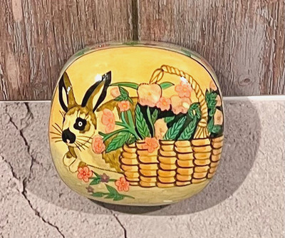 Vintage Lacquered Paper Mache Harlequin Rabbit w/Flowers & Basket Trinket Box