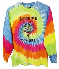 S Vtg 90s Y2K Demonic Demons Distressed Thrashed Tie Dye Skate Punk Rock T-Shirt