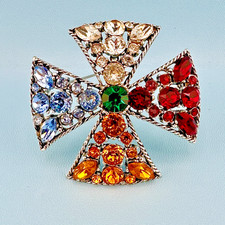 Rhinestone Maltese Cross Brooch Pendant Silver Tone Multi Color Glass Vintage