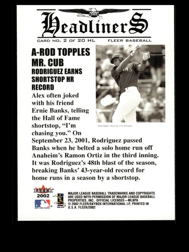 2002 Fleer #2 HL Alex Rodriguez NM - Picture 2 of 2