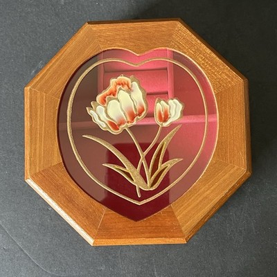 Vintage MELE Wooden Jewelry Box with Floral Glass Octagonal Pink Velvet Lining