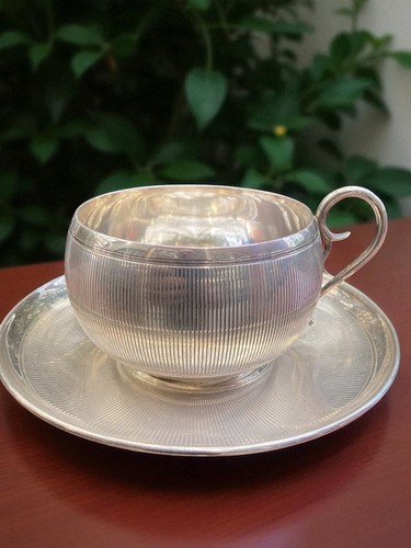 Antique French Sterling Silver Chocolate Cup and Saucer Art Deco Minera Mark 19C - Picture 2 of 7