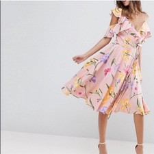 ASOS Pink Floral, Ruffle Sleeve Wrap Dress Size 6