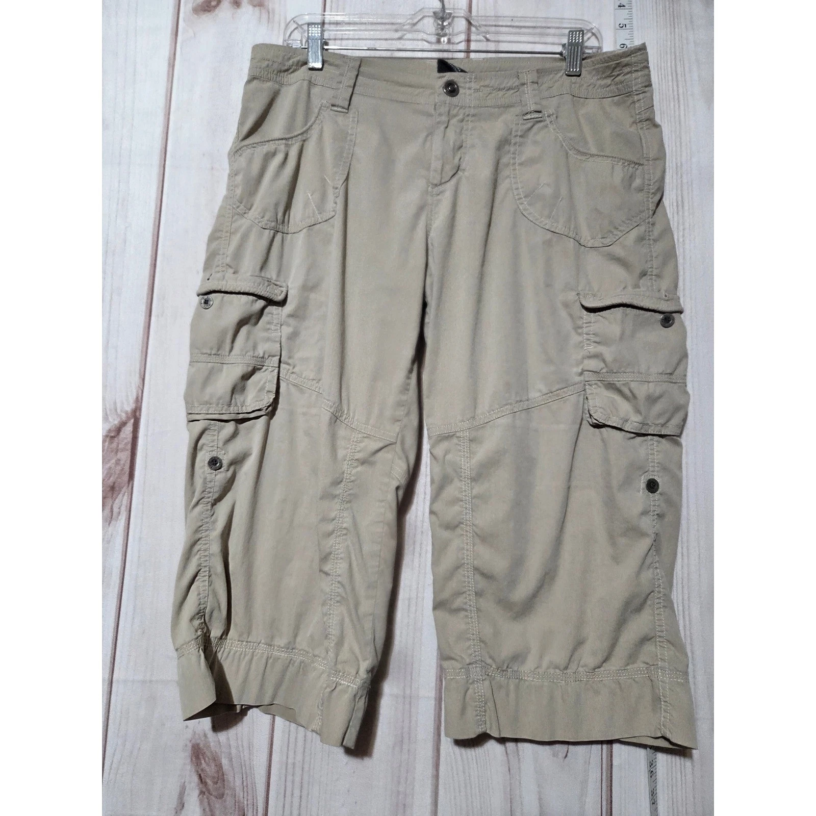 Ladies 12 Cargo Capri Pants Womens Adjustable Tan Utility Casual Cropped