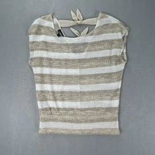 A Byer Blouse Woman’s Sz M White And Gold Knitted Bounce With Ties On The Back