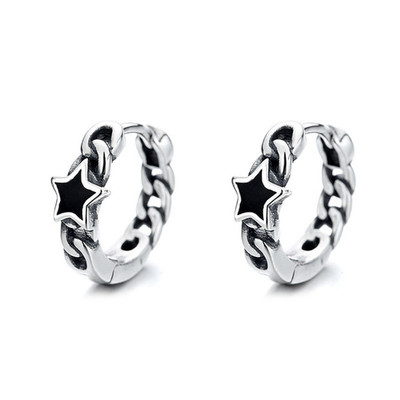 925 Sterling Silver Star Huggie Hoop Earrings Black Enamel Cuban Chain Punk