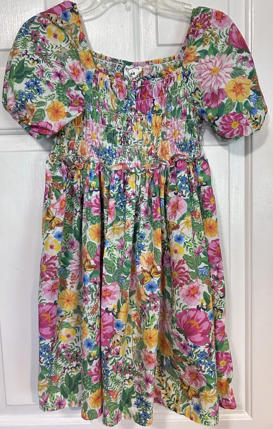 H&M Angela McKay Girls 7 Bright Floral Smocked Dress Puff Sleeves Garden Party