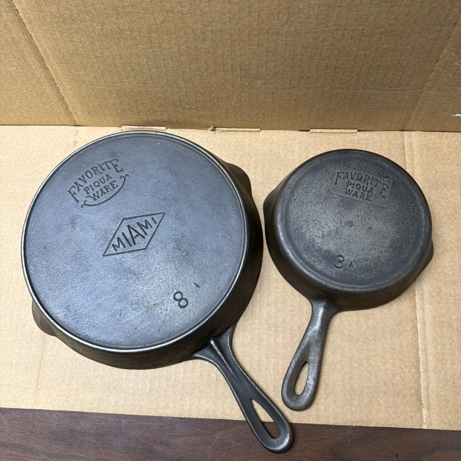 Favorite Piqua Ware Cast Iron Skillets # 3A & 8 I MIAMI FLAT BOTTOMS