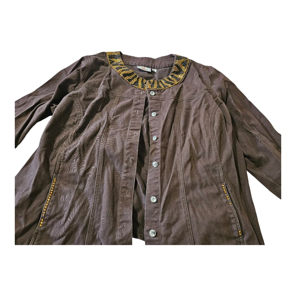 Quacker Factory Size 2X Brown Beaded Embellished Button Denim Jacket Women's - Image 2 of 4
