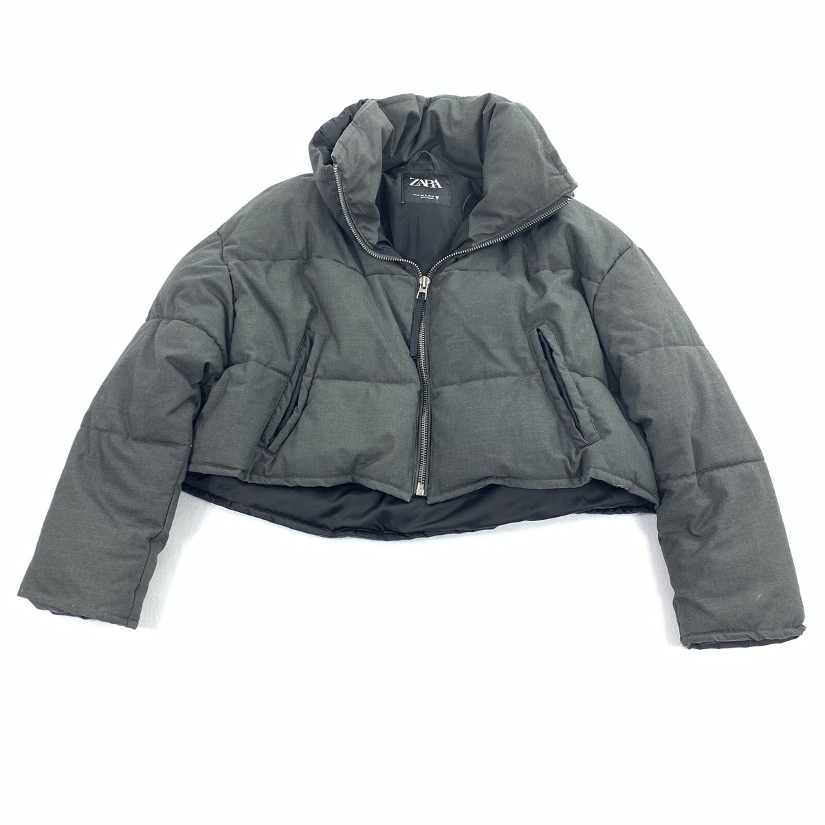 【COLOR iN ID】crop light padded Zara Cropped Puffer Coat Size Medium Womens Dark Gray Winter