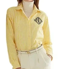 LAUREN Ralph Lauren Yellow Striped Logo Cotton Broadcloth Shirt L46818 Size L