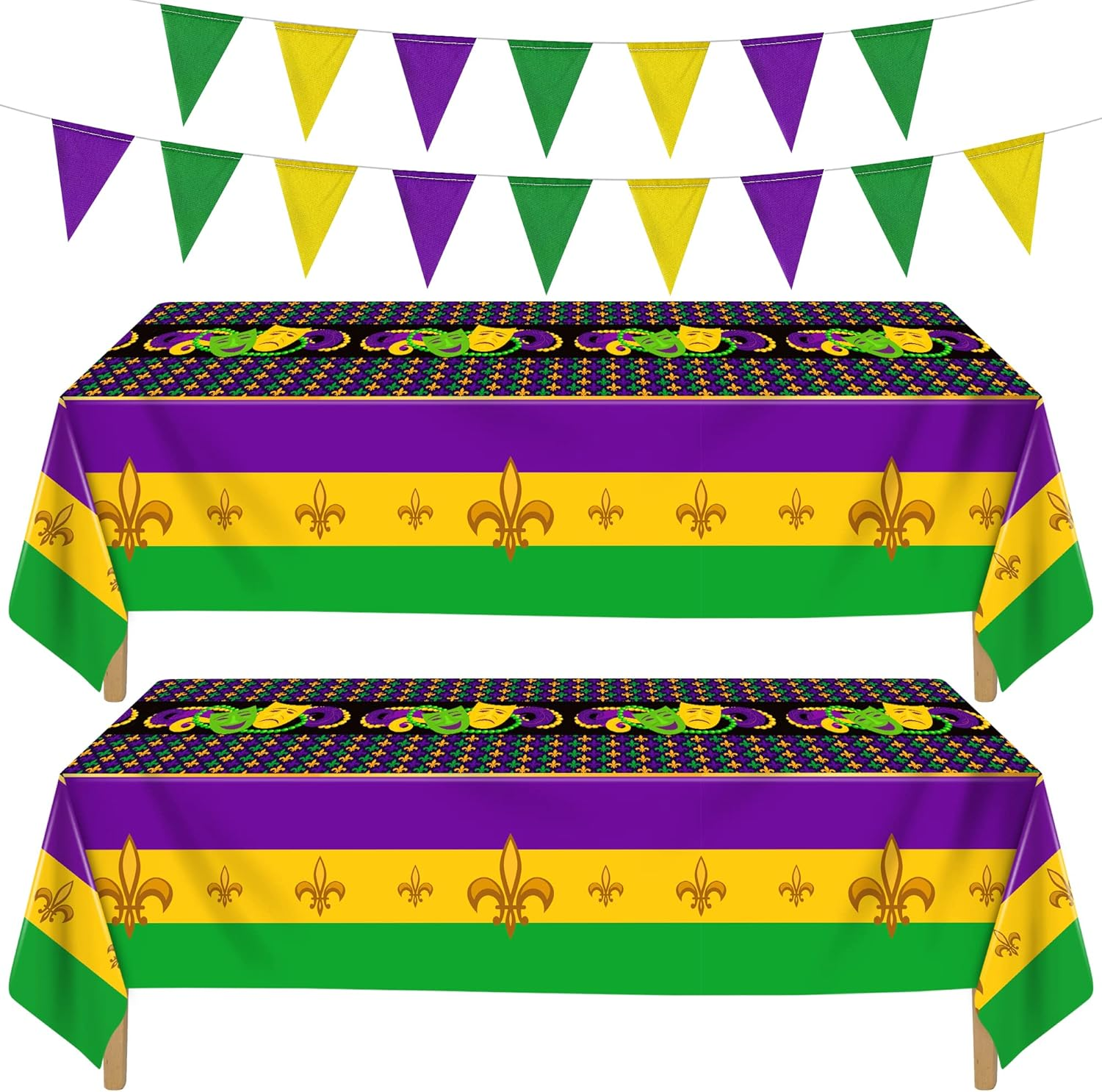 4 Pack Mardi Gras Plastic Tablecloth and Pennant Banner Set Include 2 Mardi Gras
