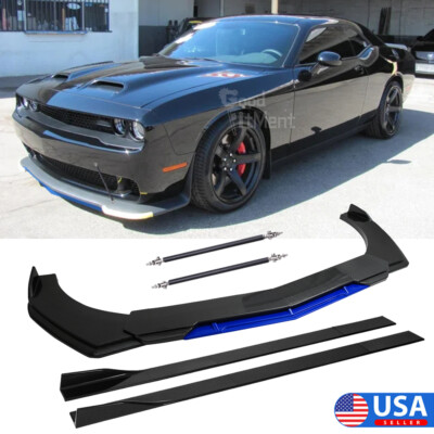 For Dodge Challenger 2DR Carbon Fiber Front Bumper Lip + Side Skirt + Strut Rods