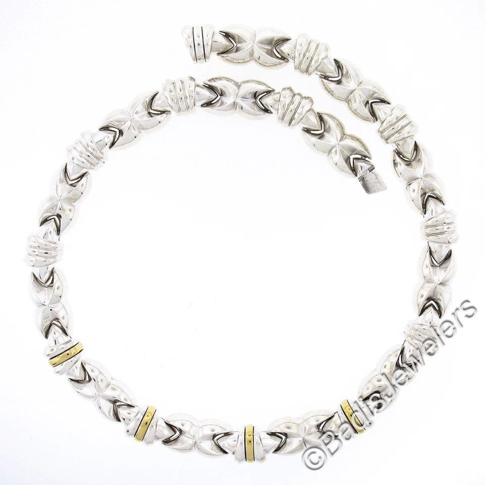 Designer Silver & 18K Gold Fancy Puffed "X" Circular Link 17.5" Collier Necklace - Image 3 of 4