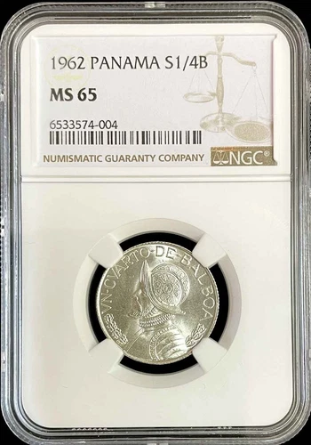 1962 SILVER PANAMA 1/4 BALBOA VASCO NUNEZ COIN NGC MINT STATE 65