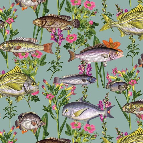 Fish Lagoon Teal Wallpaper Aqua Sea Life Floral Marine Holden Animals x 3 - Picture 2 of 11