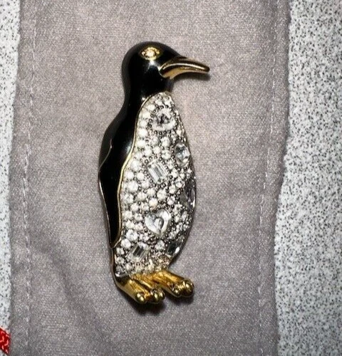 SWAROVSKI Swan Signed Large Gold Tone Crystal Embellished Penguin Brooch Pin