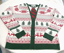 Jolly Sweaters "SO WELL DRESSED" Christmas Sweater w/"Tie", White/Green/Red, Med
