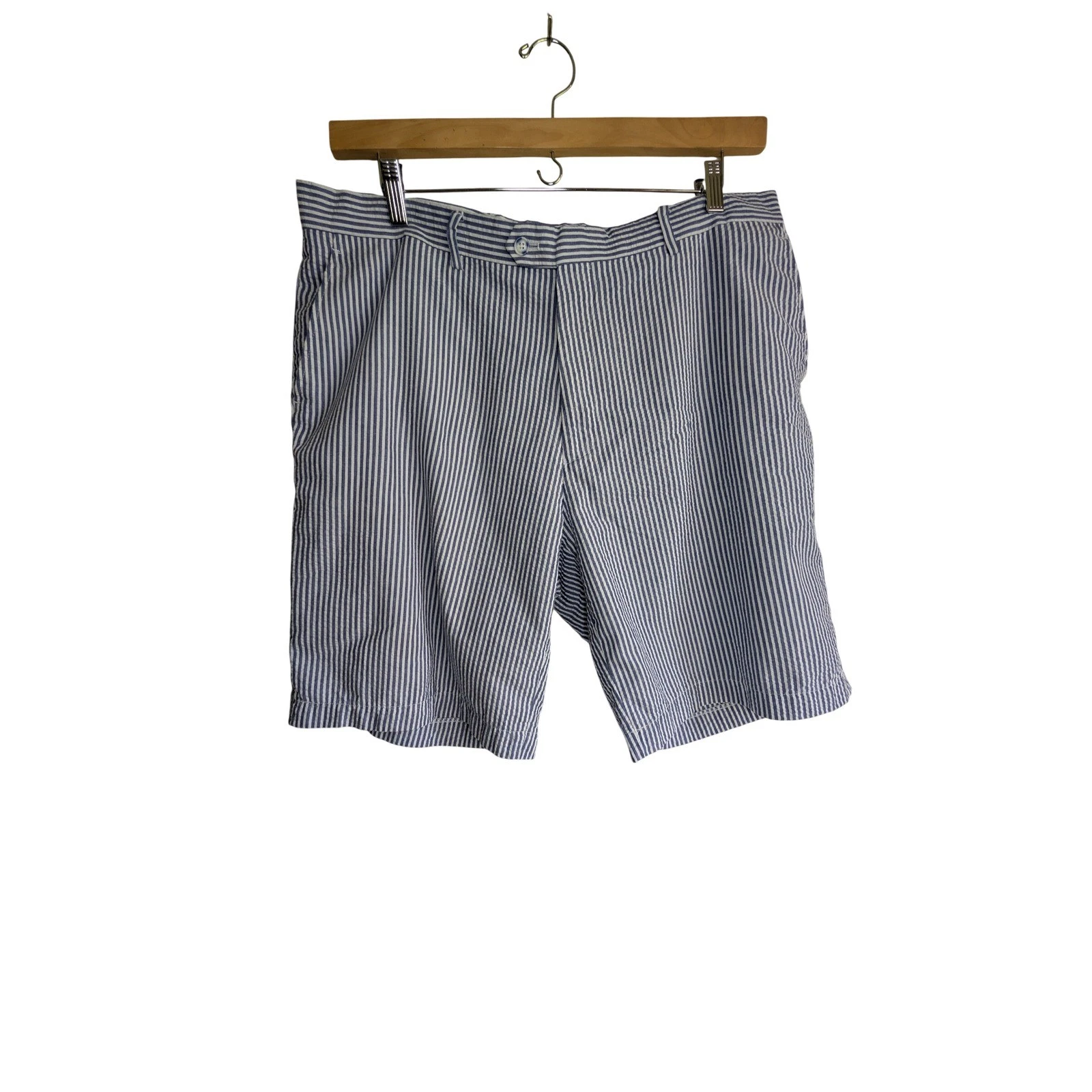 Afazzy New York Mens Blue White Seersucker Striped Shorts Size 40 Flat Front