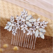 Crystal Wedding Hair Comb Leaf Bride Hair Accessories Silver Rhinestone Opal
