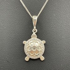 925 Sterling Silver Sea Turtle Cubic Zirconia Pendant Necklace 19" 3.7g