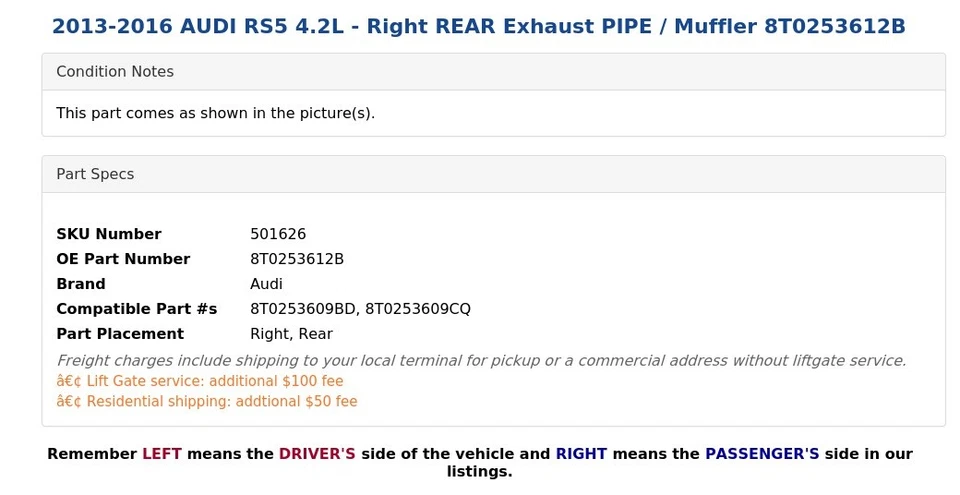 AUDI RS5 2013-2016 4,2 L - tubo de escape trasero derecho / silenciador 8T0253612B Foto 4 de 4