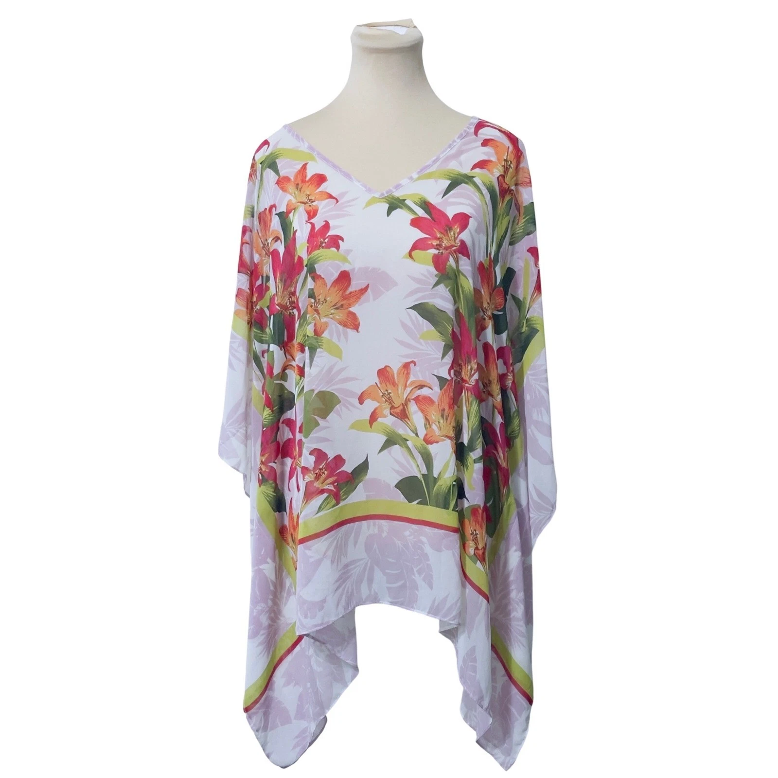 Susan Graver Floral Lily Poncho Top XL White Pink Tropical Beach Resort Boho
