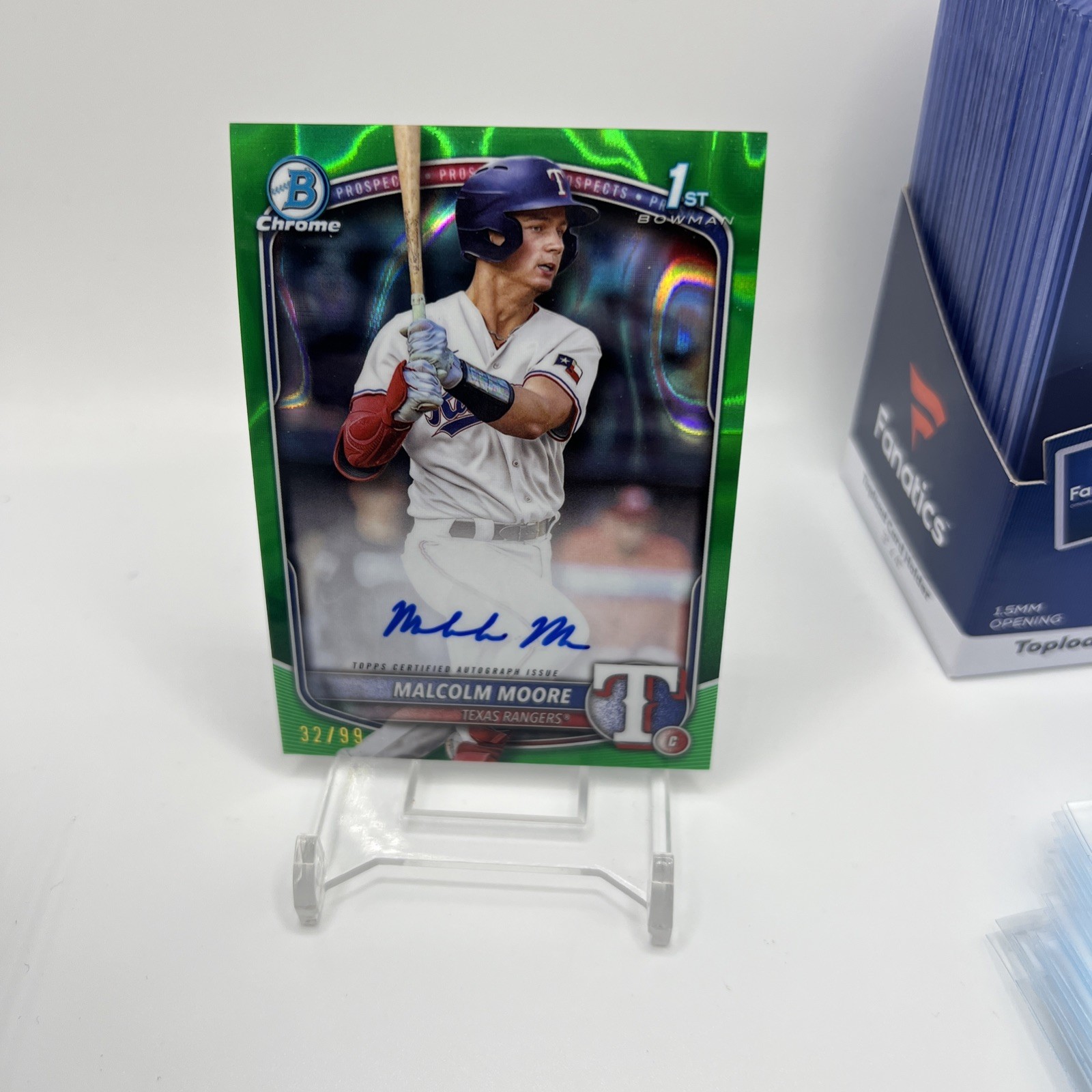 2025 Bowman Malcolm Moore Chrome 1st Prospect Green Auto # 32/99 Texas Rangers
