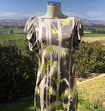 Women's Gray White Green Floral Shift Dress Puff Short Sleeve Open Back Tie