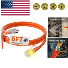 12/3 Gauge Heavy Duty Outdoor Extension Cord 6 ft Waterproof with Lighted end...