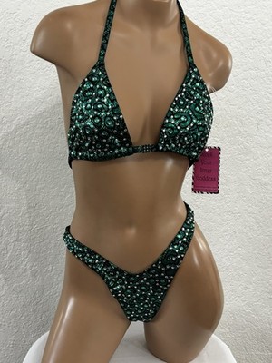npc bikini competition suit Green Small top small bottom Rhinestone Accents
