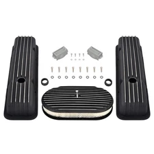 Black Aluminum Finned Short Valve Cover &15" Air Cleaner For Chevy SBC 350 58-86