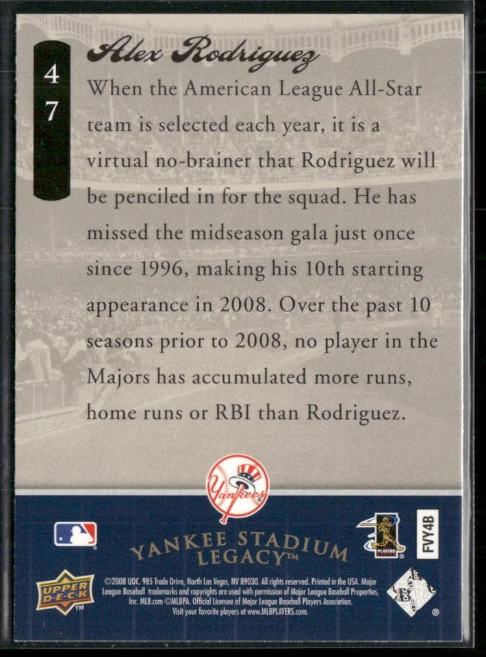Alex Rodriguez 2008 Upper Deck Yankee Stadium Legacy #47 - Image 2 of 2