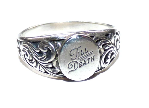VINTAGE REGAL ROSE SILVER PROMISE RING TILL DEATH SIGNET RING LARGE SIZE V 1/2